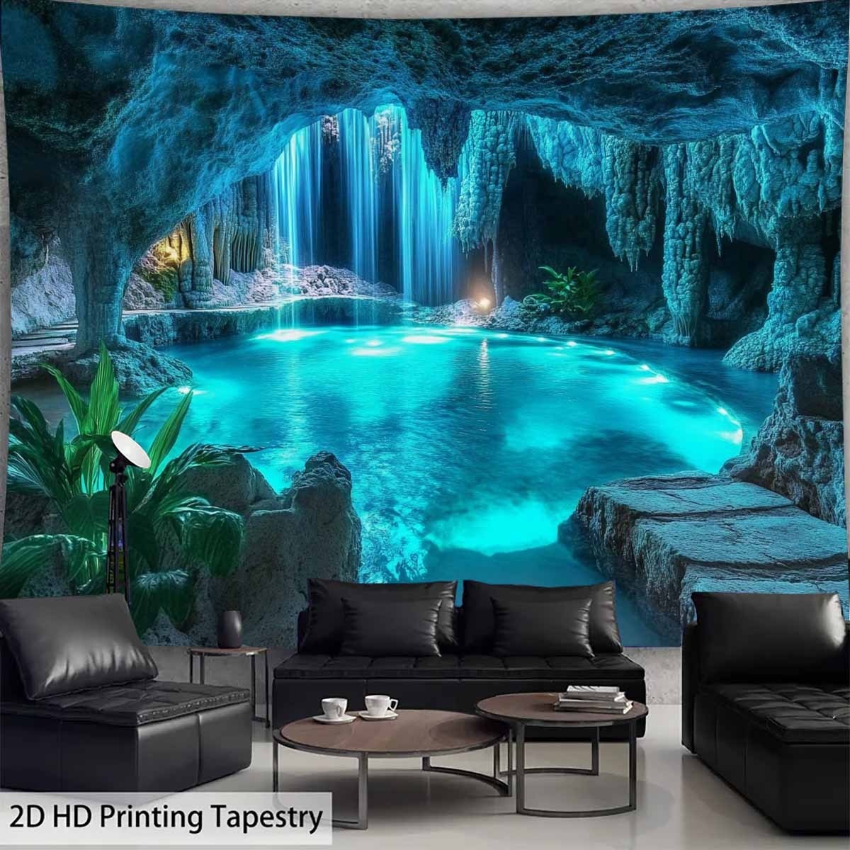 Tapisserie murale représentant une grande grotte bleue avec cascade et bassin - Décoration murale idéale pour la maison, cadeau de Noël, fond de fête, sans électricité_voghion.com