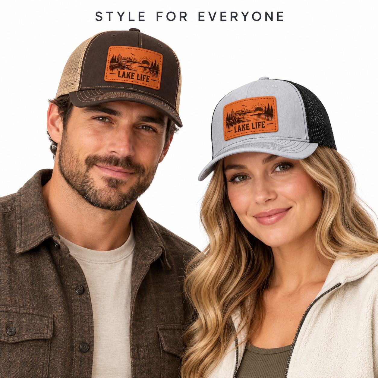 Lake Life Lakeside Chair And Mountain Graphic Leather Patch Trucker Hat product details