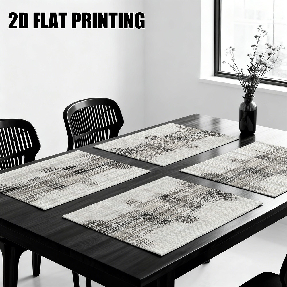 4er-Set Tischsets aus Stoff mit abstraktem, linearem, grauem Skizzenmuster. Elegante rechteckige Tischsets, geeignet für Esszimmer, Küche und als Geschenk._voghion.com