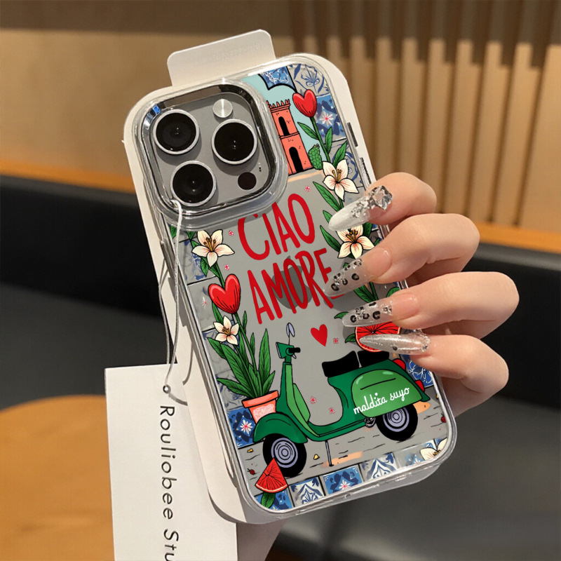 Ciao Amore Handyhülle mit italienischem Roller-Blumenmuster und Metallrahmen, passend für iPhone 17 Pro Max, 17 Pro, 17 Plus, 17, 16 Pro Max, 16 Pro, 16 Plus und 16_voghion.com