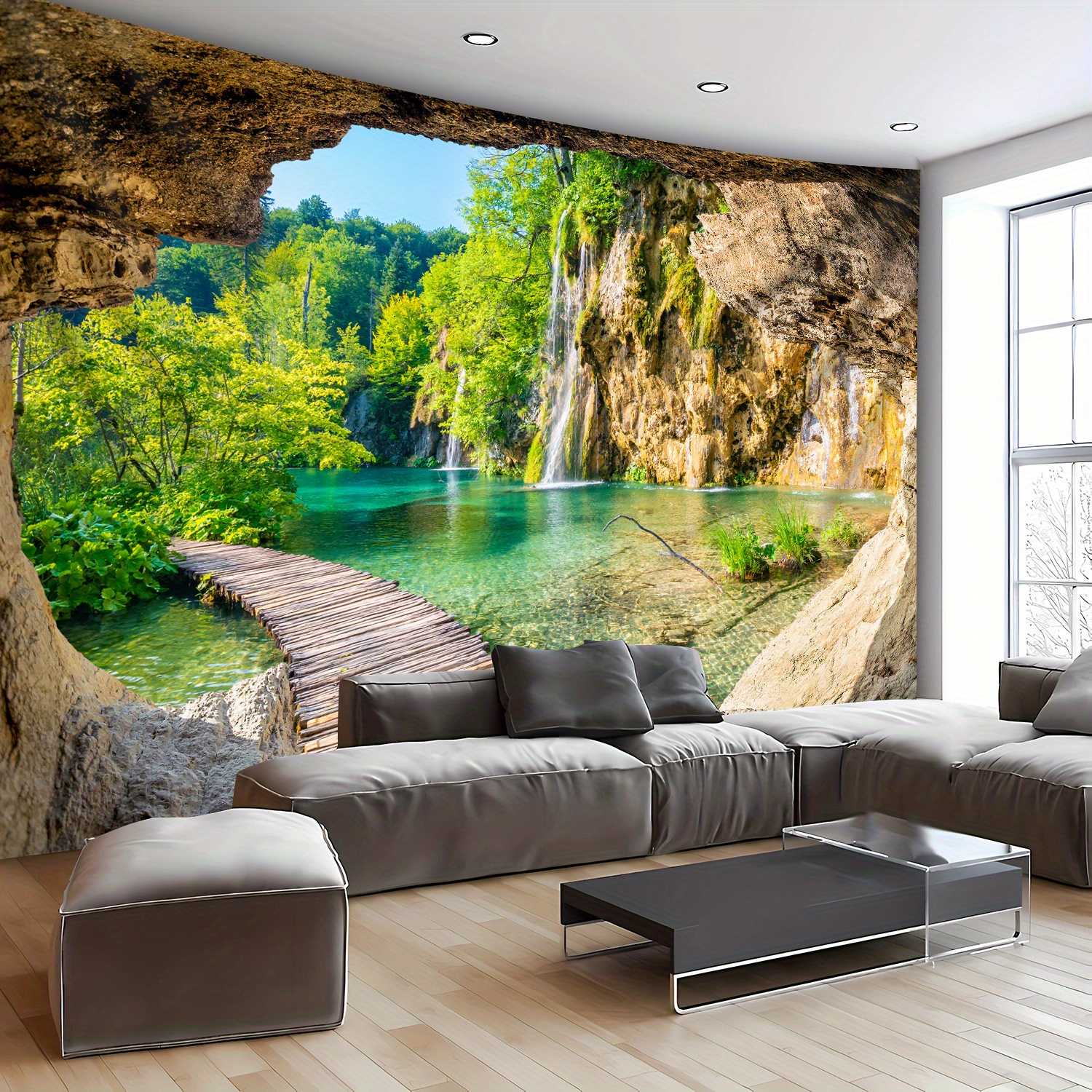 Arazzo da parete ultra grande con stampa di paesaggio tranquillo di grotta, foresta e lago, in poliestere HD, ideale per camera da letto e soggiorno, con clip per appenderlo incluse._voghion.com