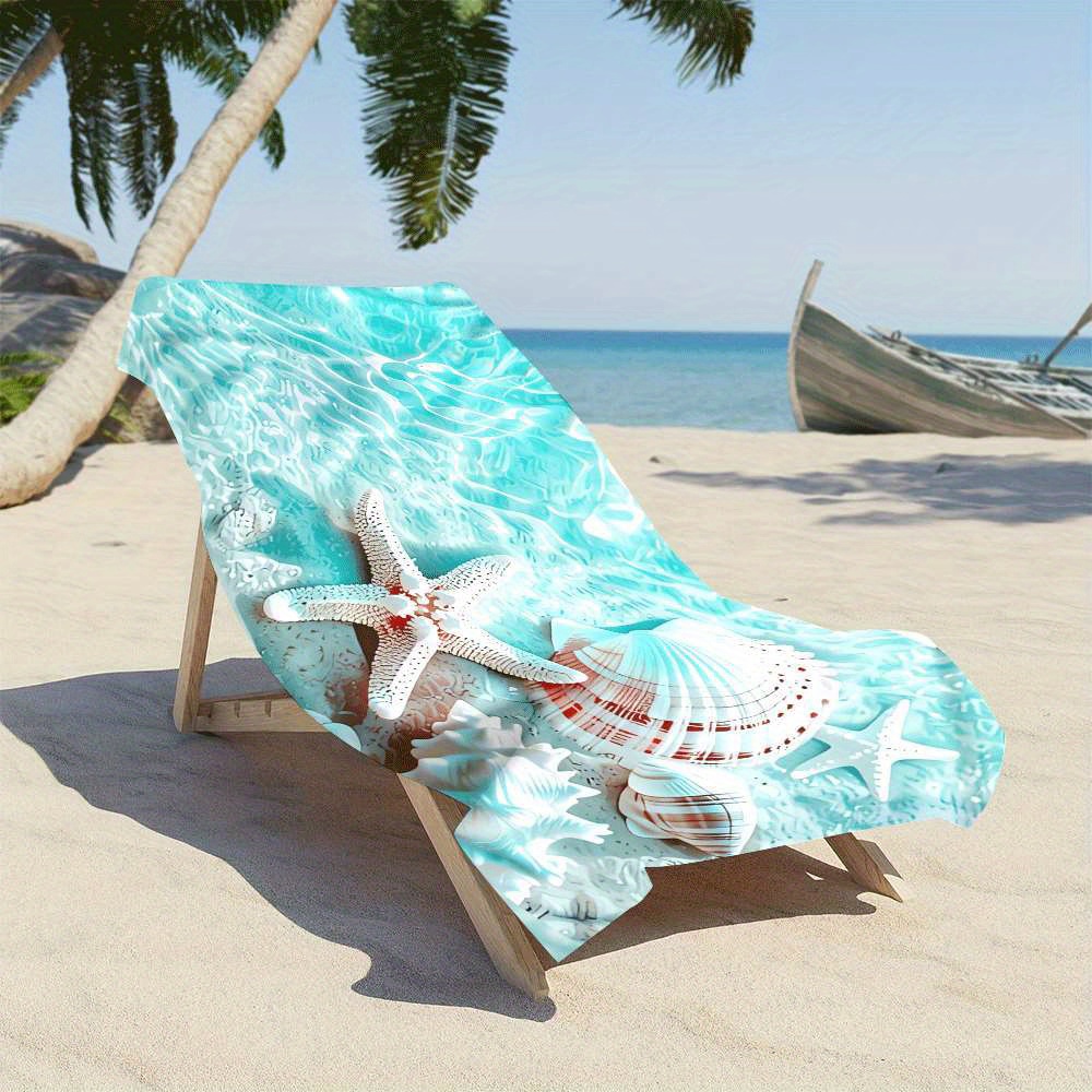 Serviette de plage en microfibre (1 pièce), motif coquillage et étoile de mer, séchage rapide, conception enveloppante résistante, idéale pour la plage et la piscine._voghion.com