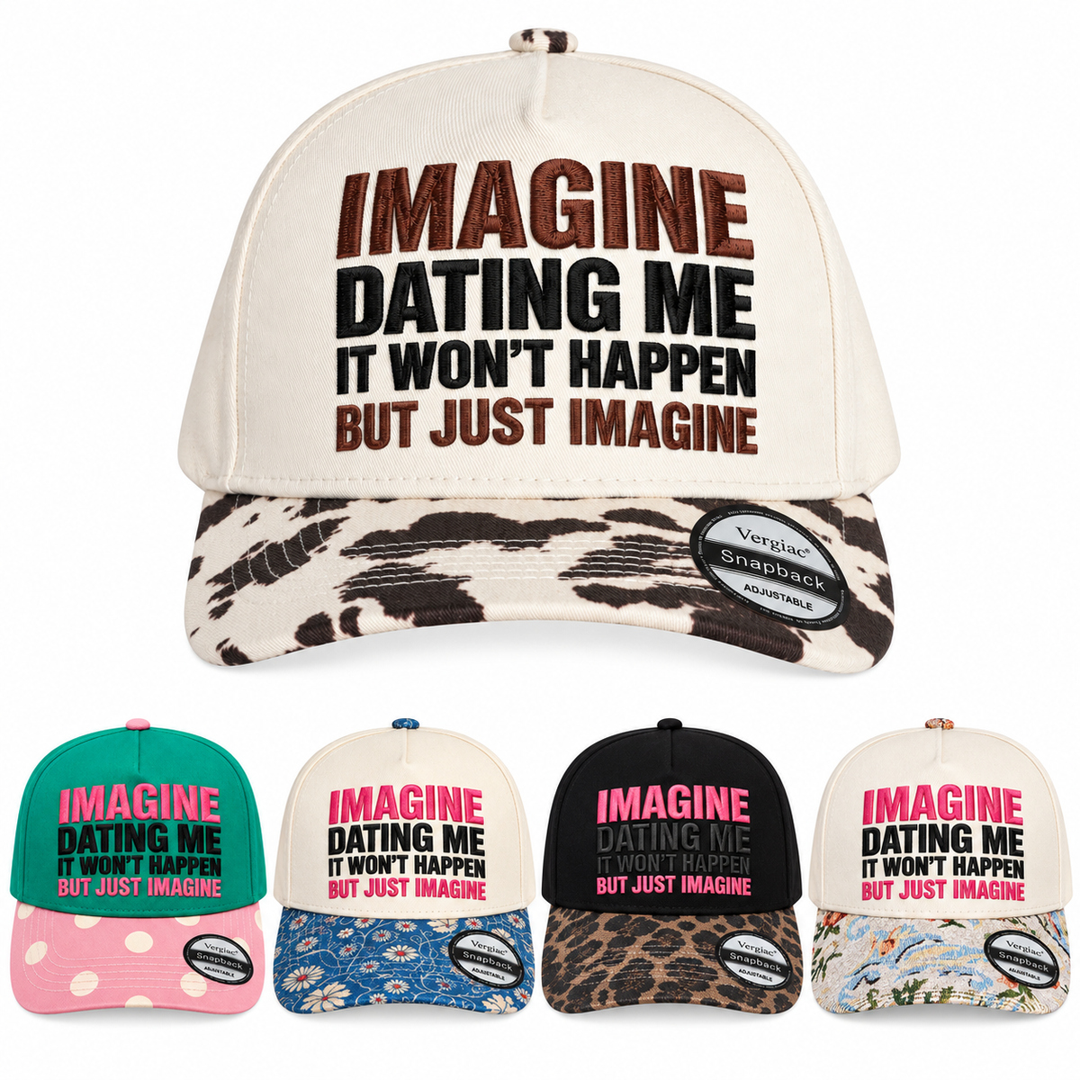 Imagine Dating Me Novelty Slogan 5-Panel Trucker Hat product details