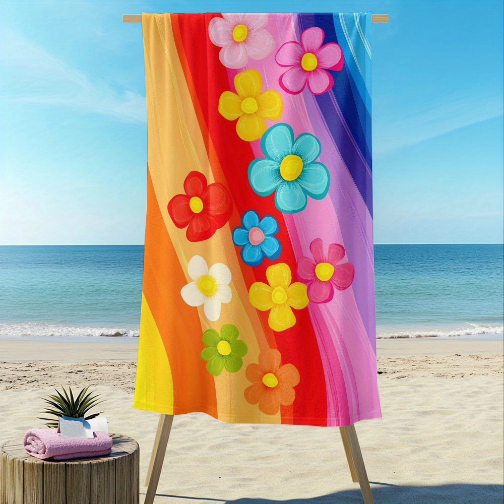 1pc Of Oversized Quick-Drying Beach Towel - Highly Absorbent, Soft, Ideal For Pool, Traveling, And Camping - Featuring A Floral And Striped Pattern_voghion.com